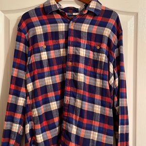 J Crew Blue, Orange, and Cream Plaid Flannel Button-Down